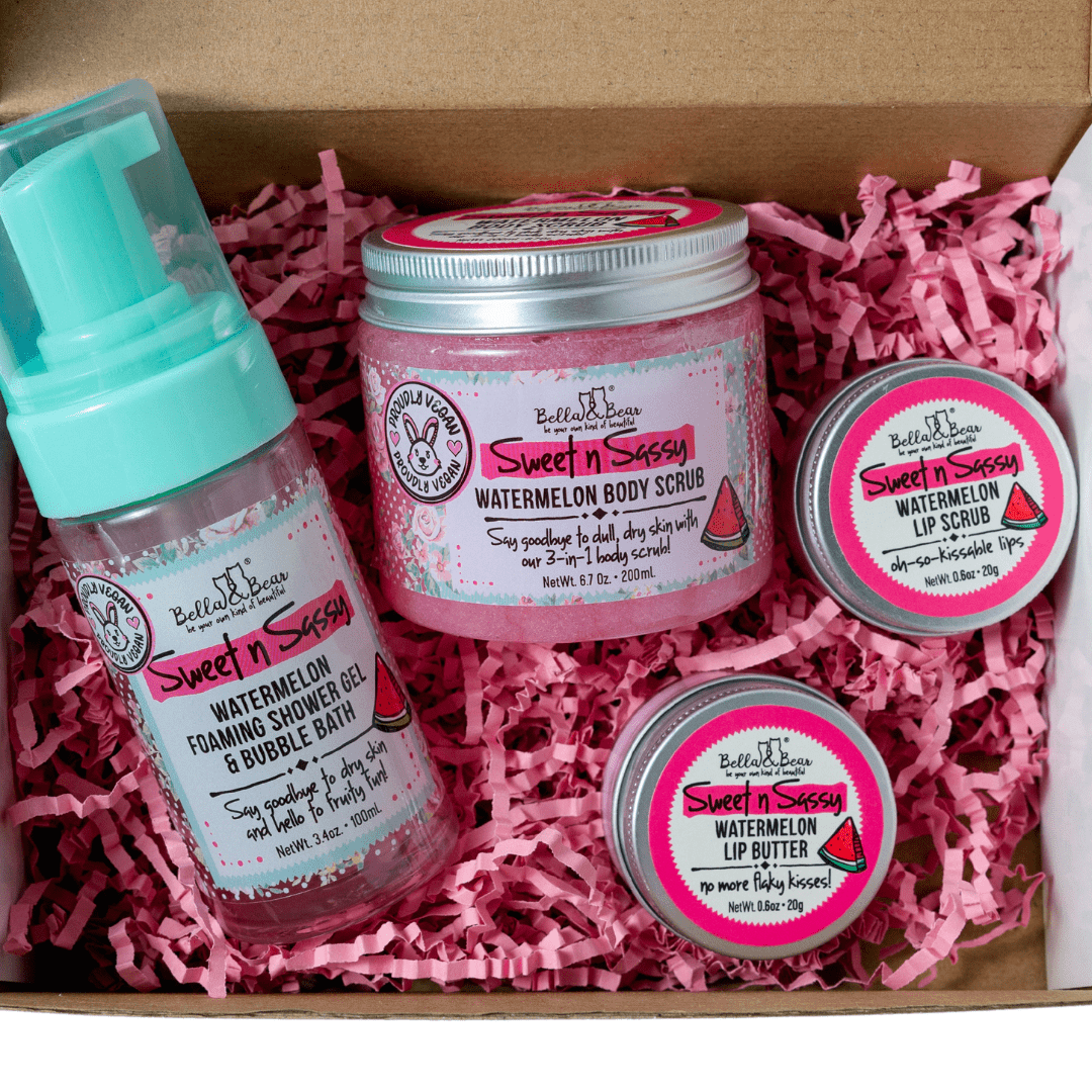 Bella and Bear Bath & Body Care Sweet 'n' Sassy Watermelon Gift Set Foaming Body Wash & Bubble Bath, Body Scrub, Lip Butter & Lip Scrub x 6