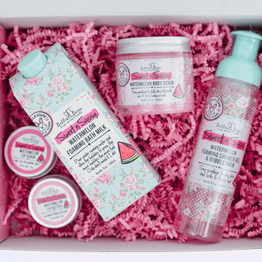 Bella and Bear Bath & Body Care Sweet 'n' Sassy Watermelon Gift Set with Foaming Shower Gel & Bubble Bath, Foaming Bath Milk, Body Scrub, Lip Butter & Lip Scrub