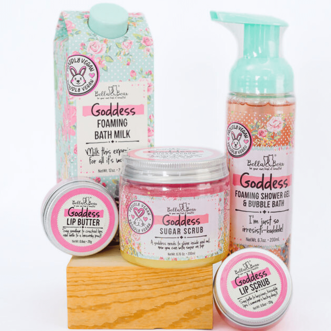 Bella and Bear Bath & Body Care Goddess Gift Set with 2 in 1 Foaming Shower Gel & Bubble Bath, Foaming Bath Milk, Body Scrub & Lip Care Set – Tropical Scent