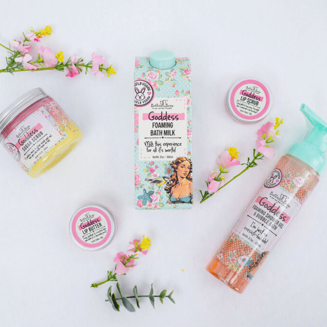 Bella and Bear Bath & Body Care Goddess Gift Set with 2 in 1 Foaming Shower Gel & Bubble Bath, Foaming Bath Milk, Body Scrub & Lip Care Set – Tropical Scent