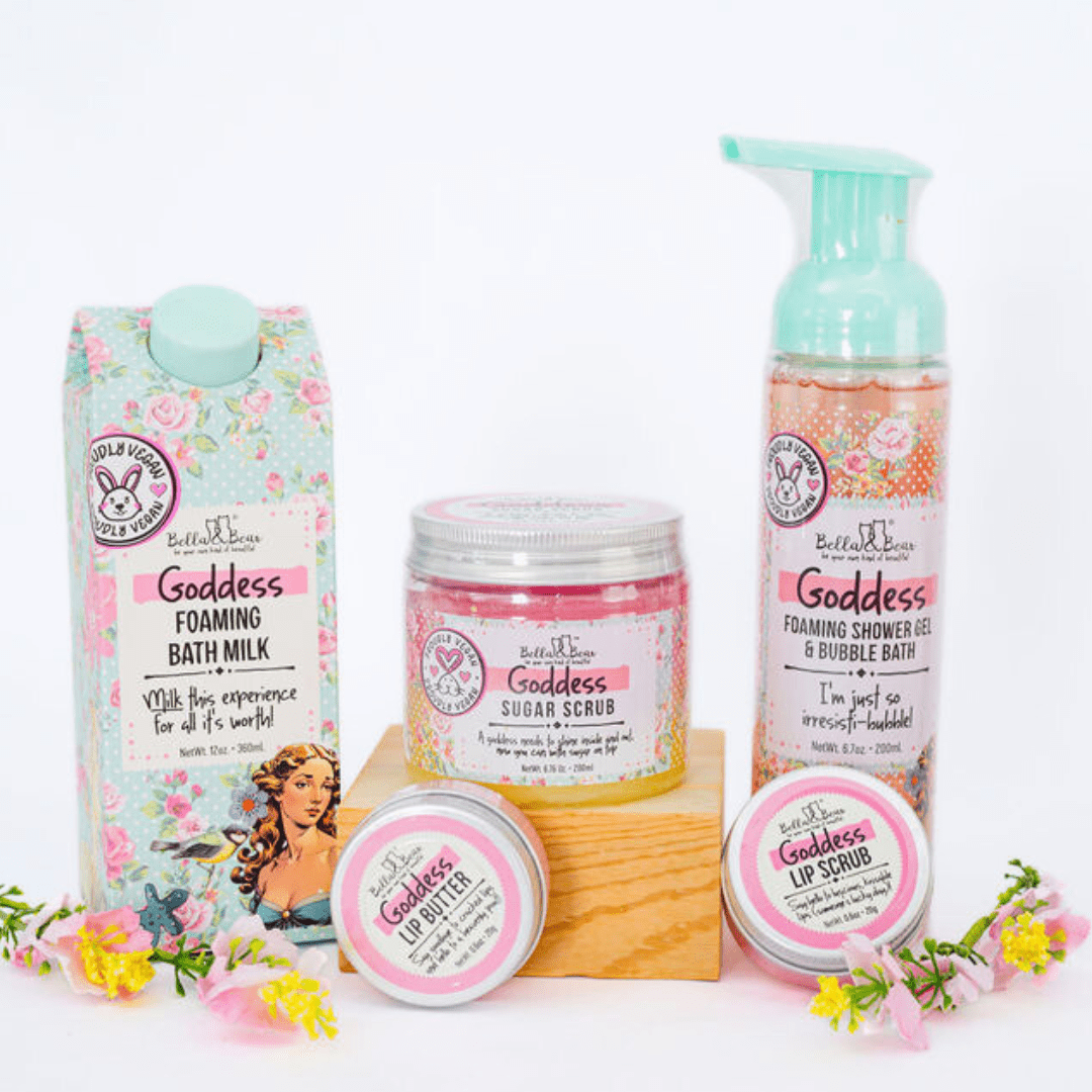 Bella and Bear Bath & Body Care Goddess Gift Set with 2 in 1 Foaming Shower Gel & Bubble Bath, Foaming Bath Milk, Body Scrub & Lip Care Set – Tropical Scent