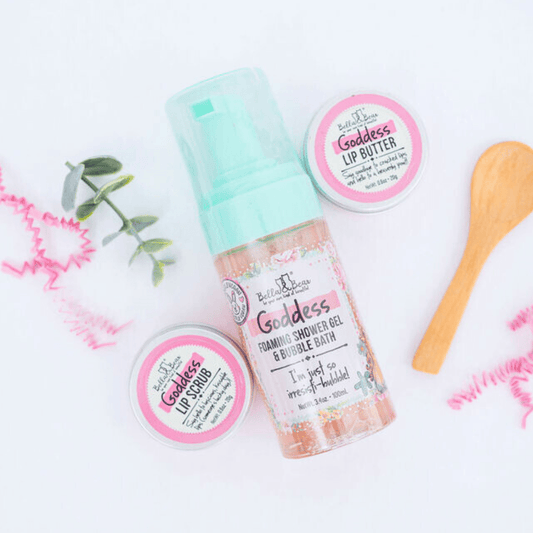 Bella and Bear Bath & Body Care Goddess Tropical Scented 2 in 1 Foaming Shower Gel & Bubble Bath, Lip Care Set, & Moisturizing Exfoliating Body Scrub Gift Set