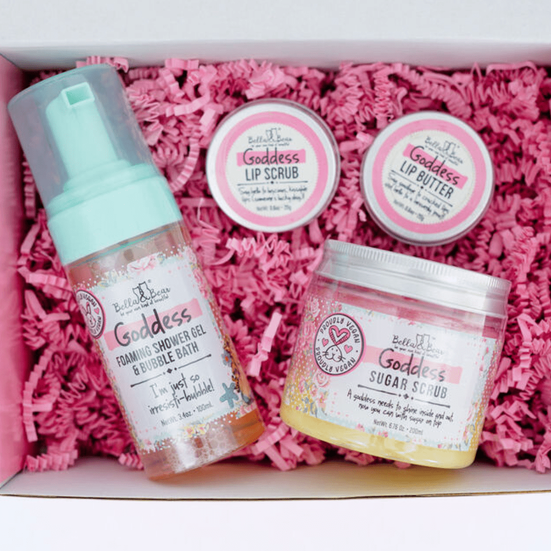 Bella and Bear Bath & Body Care Goddess Tropical Scented 2 in 1 Foaming Shower Gel & Bubble Bath, Lip Care Set, & Moisturizing Exfoliating Body Scrub Gift Set