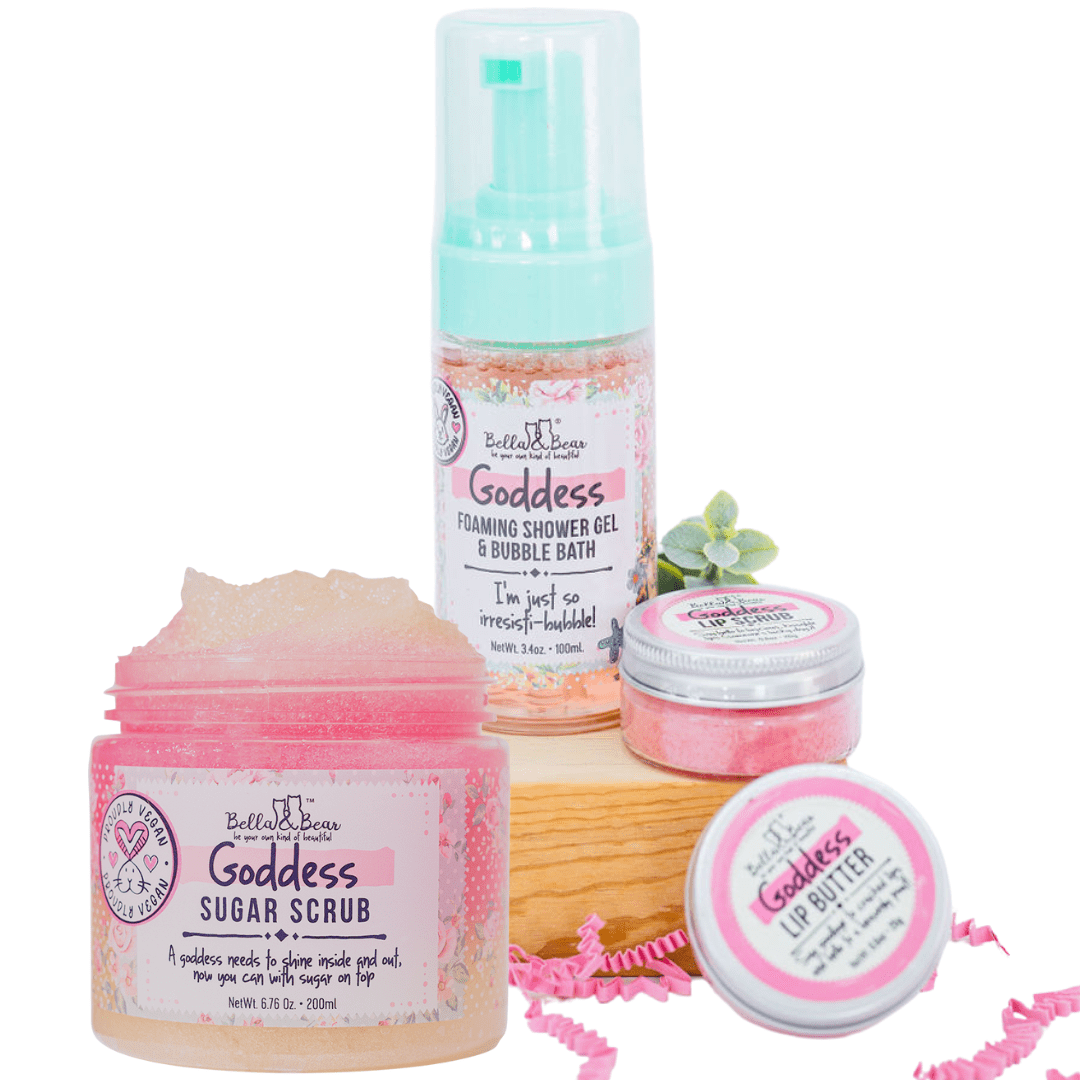 Bella and Bear Bath & Body Care Goddess Tropical Scented 2 in 1 Foaming Shower Gel & Bubble Bath, Lip Care Set, & Moisturizing Exfoliating Body Scrub Gift Set