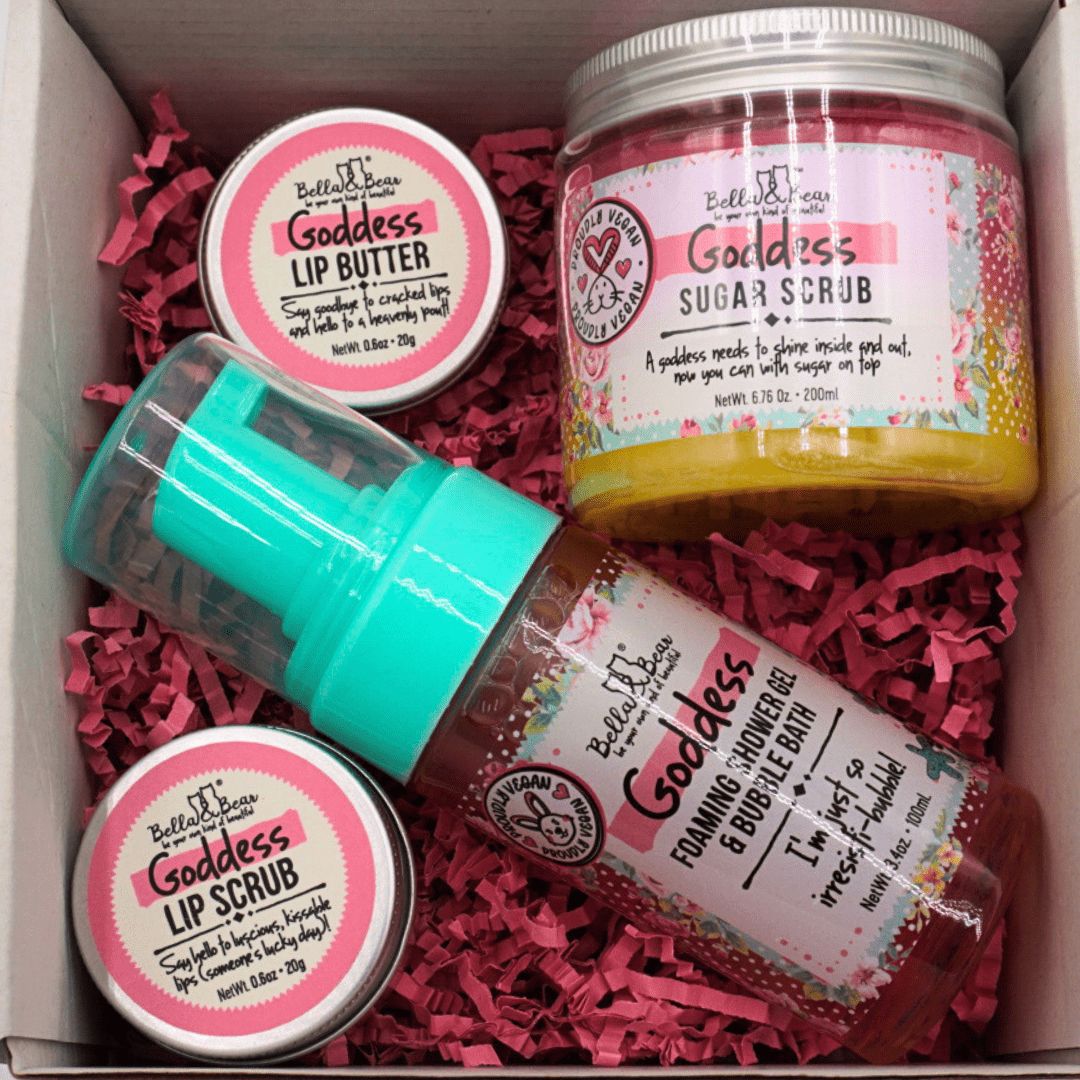 Bella and Bear Bath & Body Care Goddess Tropical Scented 2 in 1 Foaming Shower Gel & Bubble Bath, Lip Care Set, & Moisturizing Exfoliating Body Scrub Gift Set x 6